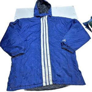 Vintage Adidas Full Zip Jacket Mens XL 3 Stripe Hooded Quilted Inside-FEW STAINS